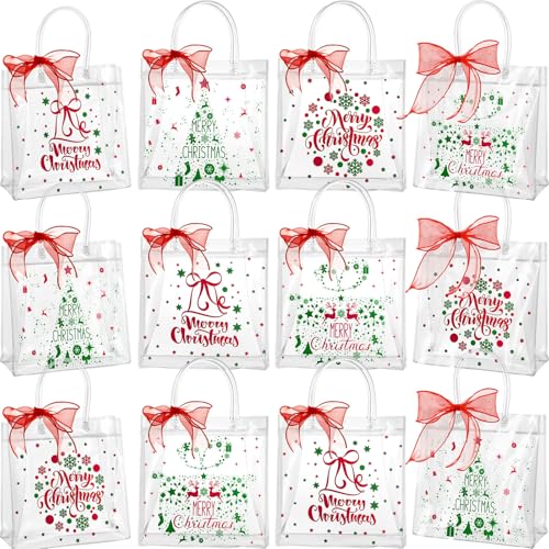 Henoyso 12 Pcs Christmas Clear Gift Bags Plastic Candy Treat Goodie Bags Red Foil Santa PVC Wrap Totes with Handles and Ribbon Xmas Party Favors Merry Christmas78 x 78 x 31 Inch - Image 1