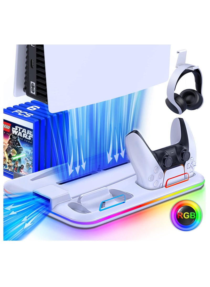 كابتن تيك SYOSI PS5 Cooling Stand, PS5 Stand with Cooling Fan, Dual Controller Charger Station, Headset Holder and 6 Game Slots for PS5 Console Disc&Digital Edition (White) - Image 1