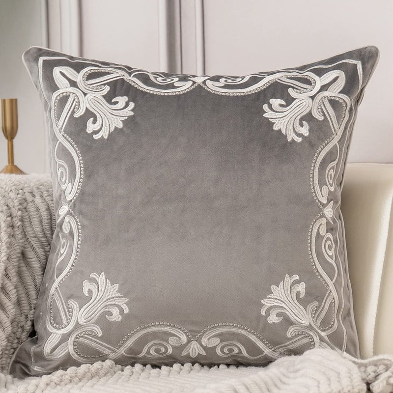 Aeckself European Floral Pillow Cover 18x18 Inch Luxury Velvet Embroidered Decorative Throw Pillow Cover for Couch Bedroom Living Room Grey and White