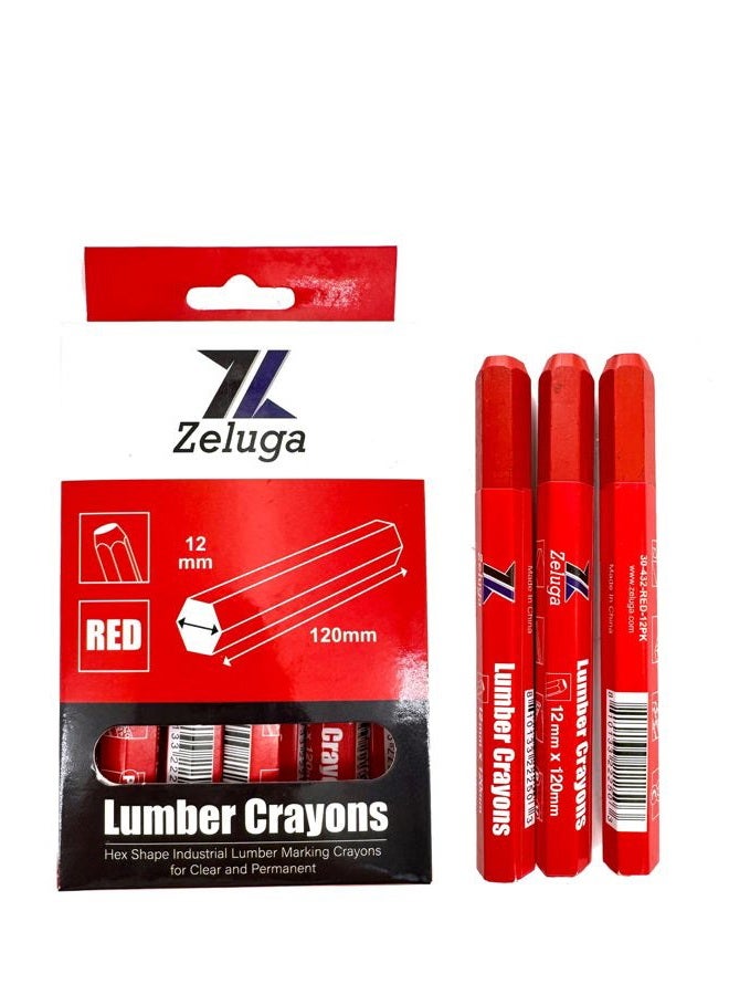 Zeluga 4.7in. x 0.47in. Hex Shape Industrial Lumber Marking Crayons for Clear and Permanent Markings, Red 12 Pack - Image 1