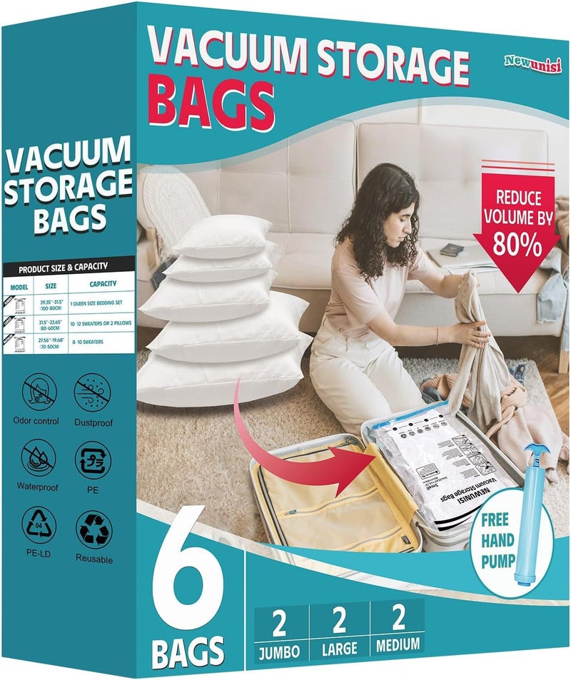 Newunisi 6 Pack Vacuum Storage Bags, Space Saver Compression Bags for Clothing, Comforters, Blankets, Vacuum Seal Bags with Hand Pump. (2Ã—Jumbo, 2Ã—Large, 2Ã—Medium) - Image 1