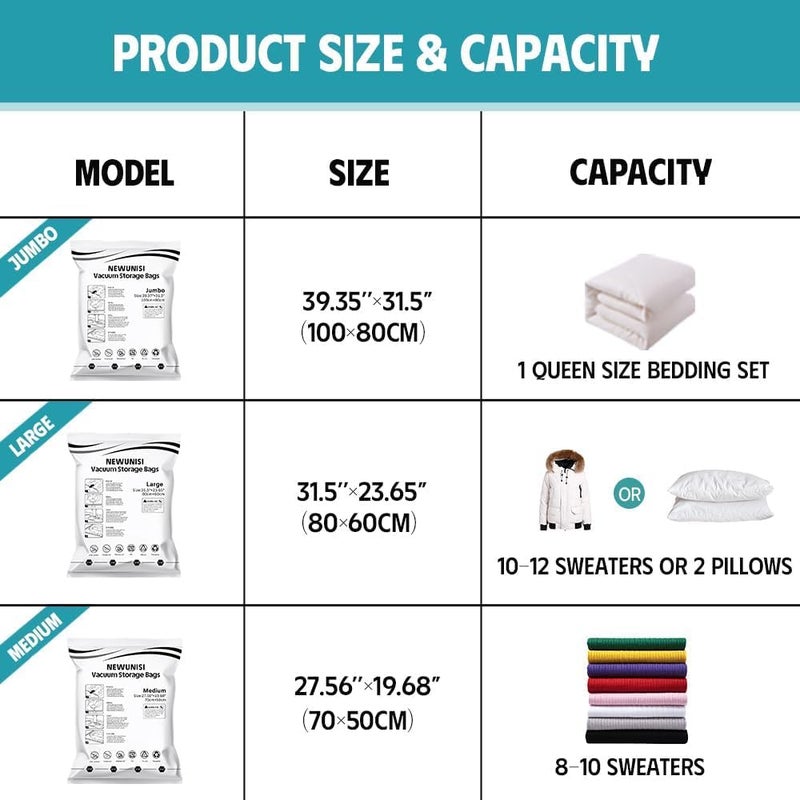 Newunisi 6 Pack Vacuum Storage Bags, Space Saver Compression Bags for Clothing, Comforters, Blankets, Vacuum Seal Bags with Hand Pump. (2Ã—Jumbo, 2Ã—Large, 2Ã—Medium) - Image 2