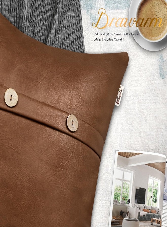 BRAWARM Leather Throw Pillow Covers 12 X 20 Inches, Brown Faux Leather Pillow Cover with Triple Button, Farmhouse Decorative Leather Pillows for Couch Sofa Bed Home Garden - Image 4