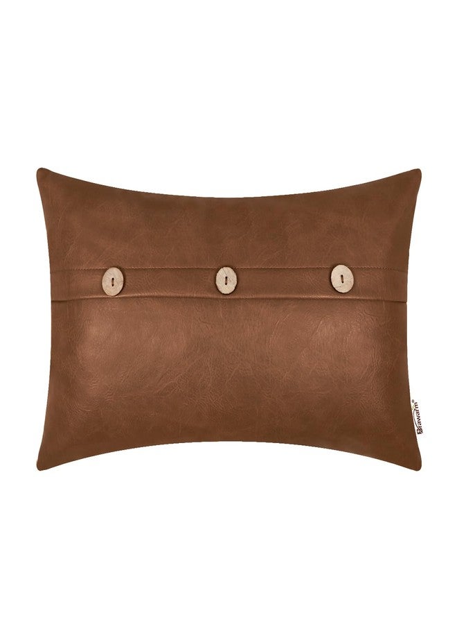BRAWARM Leather Throw Pillow Covers 12 X 20 Inches, Brown Faux Leather Pillow Cover with Triple Button, Farmhouse Decorative Leather Pillows for Couch Sofa Bed Home Garden - Image 1