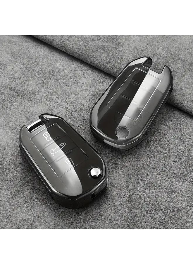 Transparent Black Key Fob Cover With Ring Clasp For Peugeot Citroen Car Models - Image 1