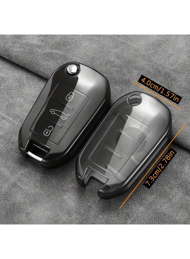 Transparent Black Key Fob Cover With Ring Clasp For Peugeot Citroen Car Models - Image 2