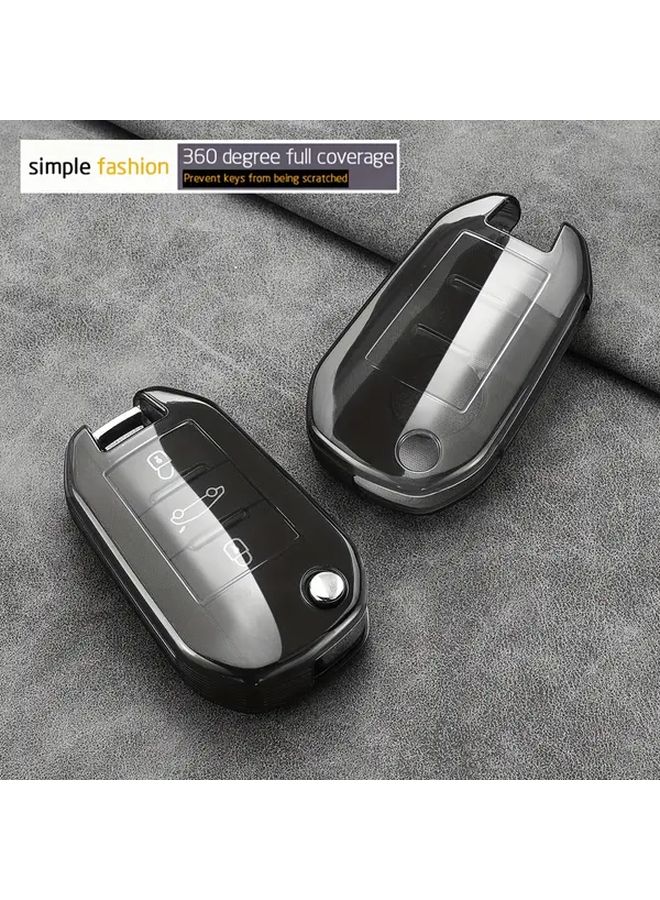 Transparent Black Key Fob Cover With Ring Clasp For Peugeot Citroen Car Models - Image 3