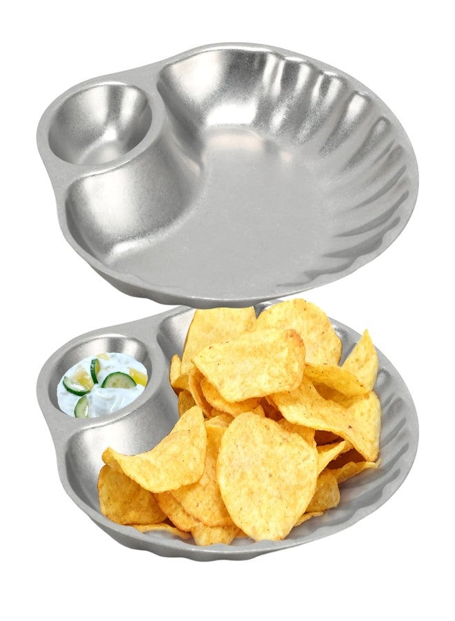 Ismosm Chip and Dip Serving Platter Set 2 Pack, Vintage 304 Stainless Steel Serving Plates with Dipping Section, Serving Dish for Sushi, Snack, Chip Salsa, Appetizer (Shell) - Image 1