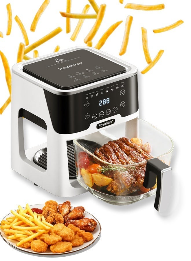 رويال ستار فرن قلي هوائي زجاجي رقمي، تحكم إلكتروني باللمس، سعة كبيرة 5.2 لتر، 1200 واط، مقلاة هوائية ساخنة مع 8 إعدادات مسبقة ونافذة شفافة، للعائلات والمساكن وتجمعات الأصدقاء - Image 1