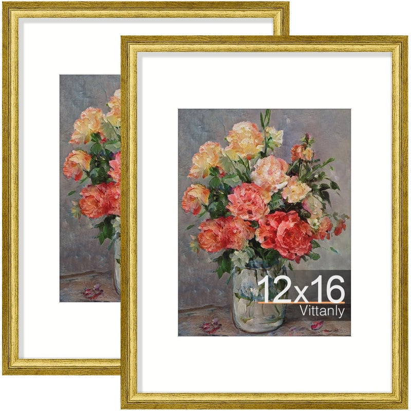 Vittanly 12x16 Picture Frames Set of 2 Ornate Vintage Photo Frame for Wall Mount Display 85x11 Pictures with Mat or 12x16 without Mat Rustic Gold - Image 2