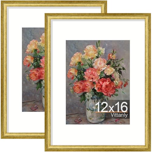 Vittanly 12x16 Picture Frames Set of 2 Ornate Vintage Photo Frame for Wall Mount Display 85x11 Pictures with Mat or 12x16 without Mat Rustic Gold - Image 1