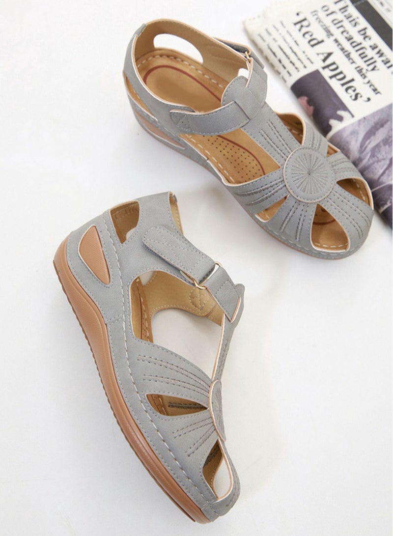 Loquat Women's Retro Thick Soled Non Slip Sandals Wedge Fisherman Shoes Grey - Image 3