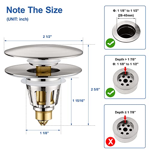 PerPaiMe 3-in-1 Universal Bathroom Sink Stopper - Brushed Nickel Pop Up Sink Drain Stopper, Brass Bounce Bullet Core Sink Stopper Replacement, Wash Basin Drain Filter Plug with Anti-Clogging Strainer - Image 2