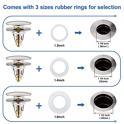 PerPaiMe 3-in-1 Universal Bathroom Sink Stopper - Brushed Nickel Pop Up Sink Drain Stopper, Brass Bounce Bullet Core Sink Stopper Replacement, Wash Basin Drain Filter Plug with Anti-Clogging Strainer - Image 3
