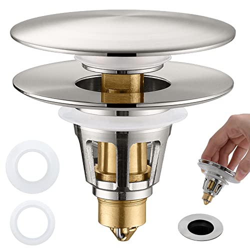 PerPaiMe 3-in-1 Universal Bathroom Sink Stopper - Brushed Nickel Pop Up Sink Drain Stopper, Brass Bounce Bullet Core Sink Stopper Replacement, Wash Basin Drain Filter Plug with Anti-Clogging Strainer - Image 1