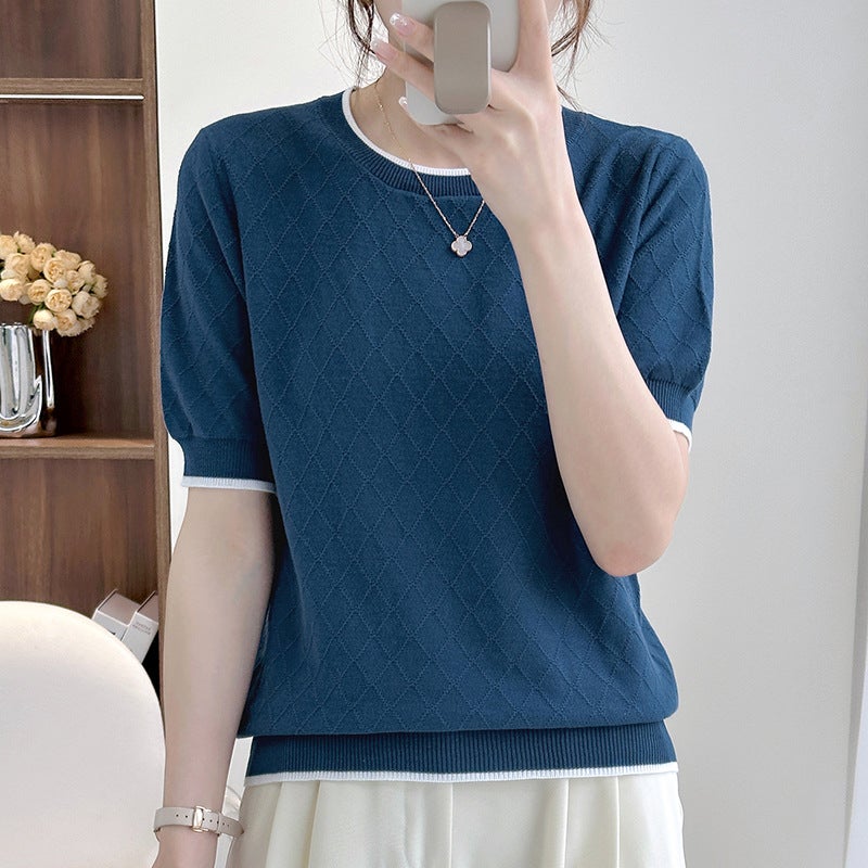 2024 Summer New Fashion Hollow Cotton Knitted Solid Color Short-sleeved T-shirt Women's Contrast Color Round Neck Loose Half-sleeved Women - Image 1