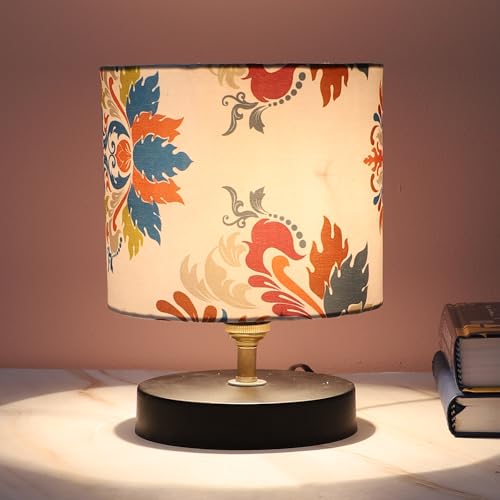 Tu Casa Table Lamp | Black Metal Base | English Oak Print Satin Shade Bedside Lamp for Bedroom Living Room Office Study | Home Décor & Gifting | H-9 Inch (No Bulb) - Image 1