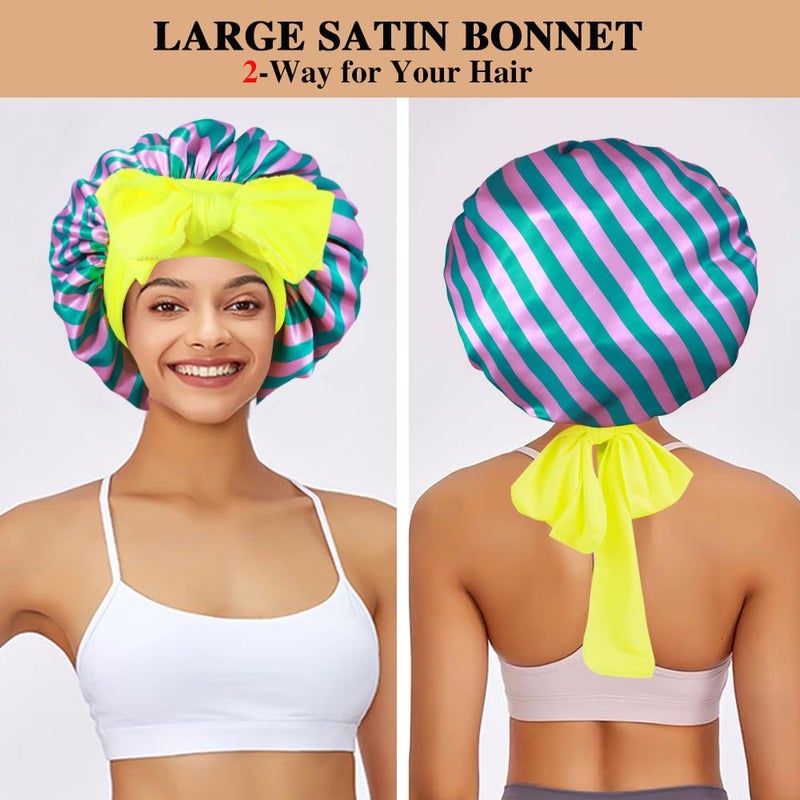 Heniho 2+3 Large Satin Bonnets with Scrunchies for Women, Hair Bonnet Sleeping Tie Bonnet for Braids Curly Hair, K - Image 4