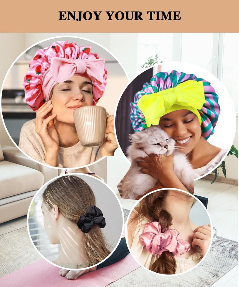 Heniho 2+3 Large Satin Bonnets with Scrunchies for Women, Hair Bonnet Sleeping Tie Bonnet for Braids Curly Hair, K - Image 5