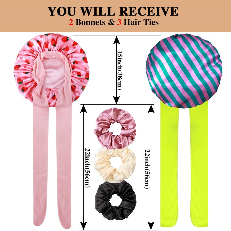 Heniho 2+3 Large Satin Bonnets with Scrunchies for Women, Hair Bonnet Sleeping Tie Bonnet for Braids Curly Hair, K - Image 2
