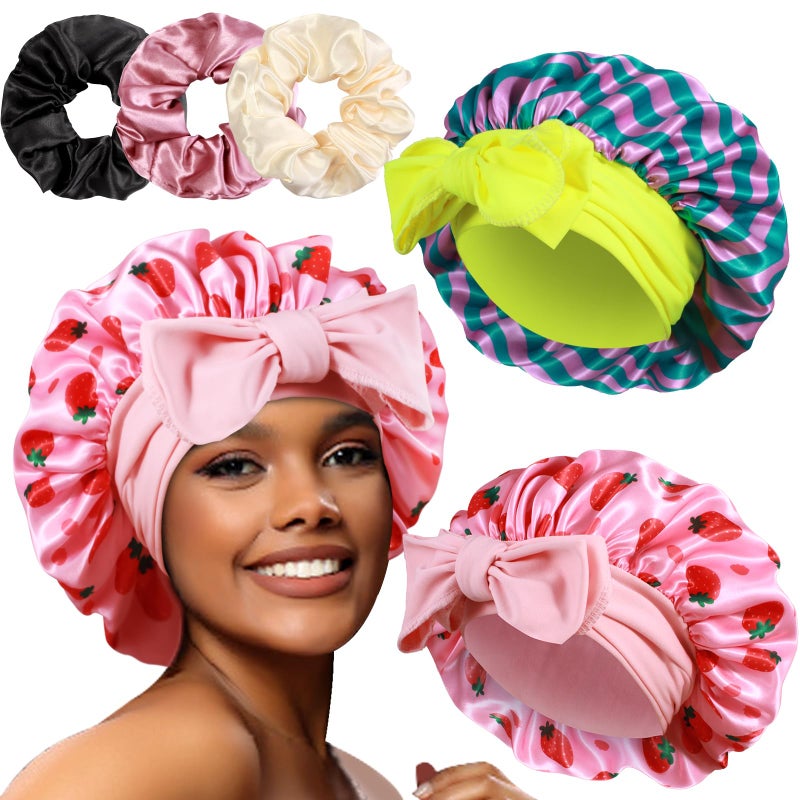 Heniho 2+3 Large Satin Bonnets with Scrunchies for Women, Hair Bonnet Sleeping Tie Bonnet for Braids Curly Hair, K - Image 1