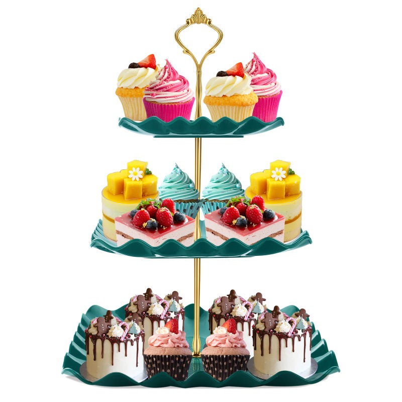 DAFURIET Dessert Cupcake Stand 3 Tier Cup Cake Holder Tower for Tea PartyBirthdayWedding Plastic Tiered Serving Tray with Metal Rod Green - Image 2