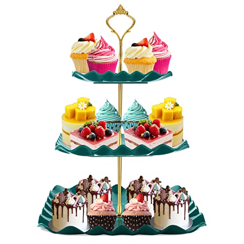 DAFURIET Dessert Cupcake Stand 3 Tier Cup Cake Holder Tower for Tea PartyBirthdayWedding Plastic Tiered Serving Tray with Metal Rod Green - Image 1