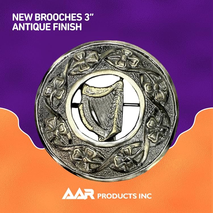 AAR Men,s Scottish Irish Shamrock Kilt Brooch Fly Plaid Antique/Chrome Finish 3" (7cm) diameter S - Image 2