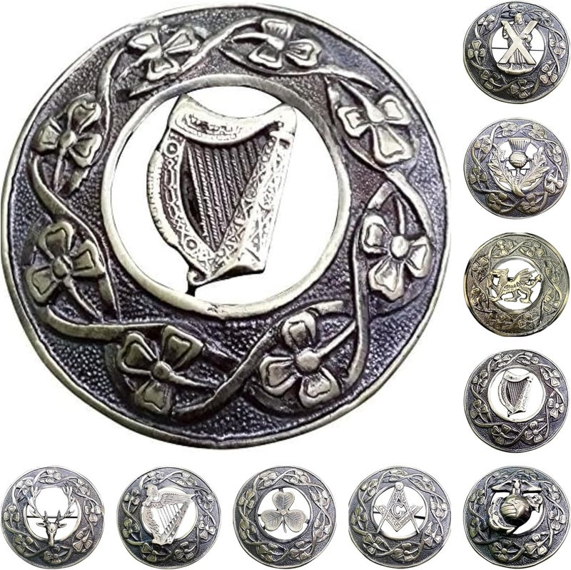 AAR Men,s Scottish Irish Shamrock Kilt Brooch Fly Plaid Antique/Chrome Finish 3" (7cm) diameter S - Image 1