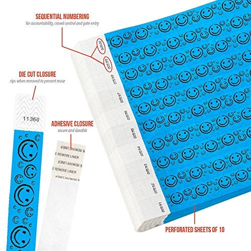 Wristco 200 WristCo Neon Blue Smiley Face Tyvek Wristbands for Events - ¾” x 10” - Waterproof Recyclable Comfortable Tear Resistant Paper Bracelets Wrist Bands for Concerts Festivals Admission Party - Image 2
