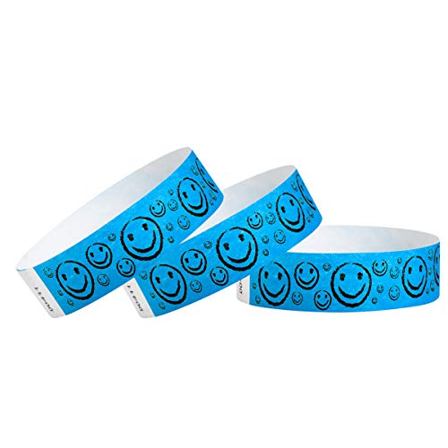 Wristco 200 WristCo Neon Blue Smiley Face Tyvek Wristbands for Events - ¾” x 10” - Waterproof Recyclable Comfortable Tear Resistant Paper Bracelets Wrist Bands for Concerts Festivals Admission Party - Image 1