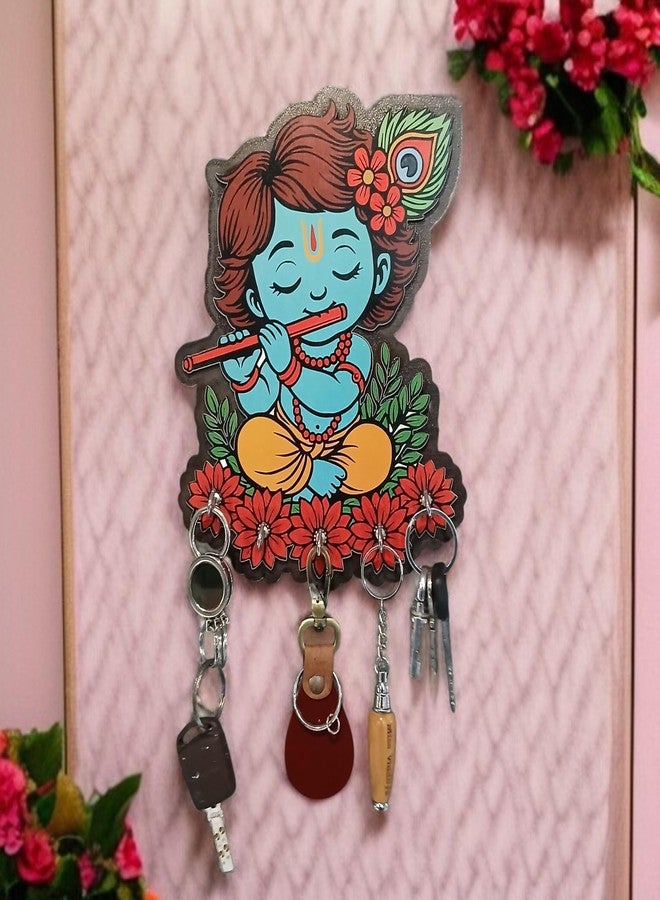 LASER ART Krishna Wooden Key Holder for Wall | Wall Mounted Key Stand with 5 Hooks | Decorative MDF Key Hanger for Home Entryway, Living Room, Office | Spiritual Wall Art Gift (Neel Nandan) - Image 1