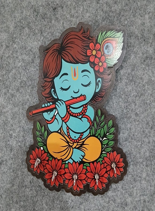 LASER ART Krishna Wooden Key Holder for Wall | Wall Mounted Key Stand with 5 Hooks | Decorative MDF Key Hanger for Home Entryway, Living Room, Office | Spiritual Wall Art Gift (Neel Nandan) - Image 3