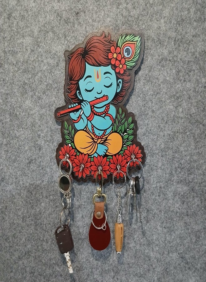 LASER ART Krishna Wooden Key Holder for Wall | Wall Mounted Key Stand with 5 Hooks | Decorative MDF Key Hanger for Home Entryway, Living Room, Office | Spiritual Wall Art Gift (Neel Nandan) - Image 4