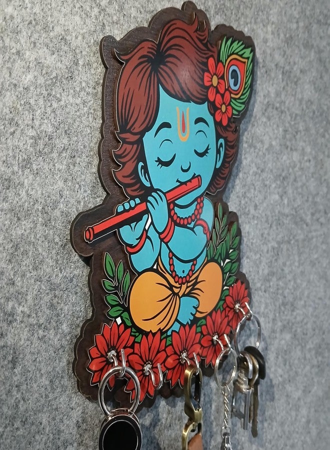 LASER ART Krishna Wooden Key Holder for Wall | Wall Mounted Key Stand with 5 Hooks | Decorative MDF Key Hanger for Home Entryway, Living Room, Office | Spiritual Wall Art Gift (Neel Nandan) - Image 5