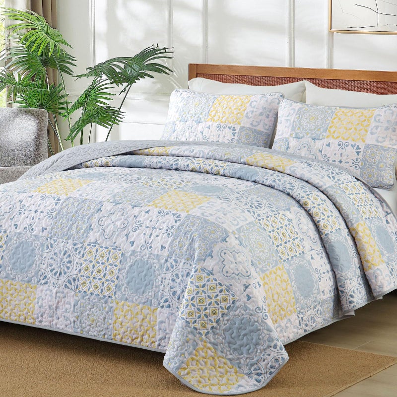 Dobuyly Queen Quilt Set 3 Pieces, Blue/Yellow/Grey Patchwork Bedspreads, Boho Summer Coverlet Set, Soft Lightweight Microfiber Bedding Set for All Seasons 96"x90" - Image 1