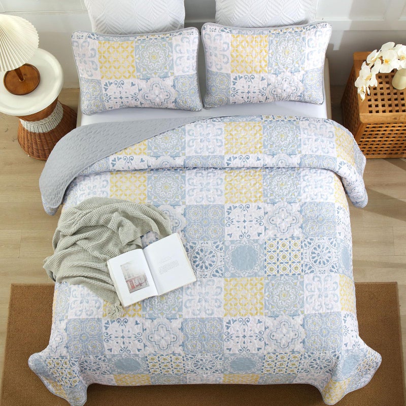 Dobuyly Queen Quilt Set 3 Pieces, Blue/Yellow/Grey Patchwork Bedspreads, Boho Summer Coverlet Set, Soft Lightweight Microfiber Bedding Set for All Seasons 96"x90" - Image 3