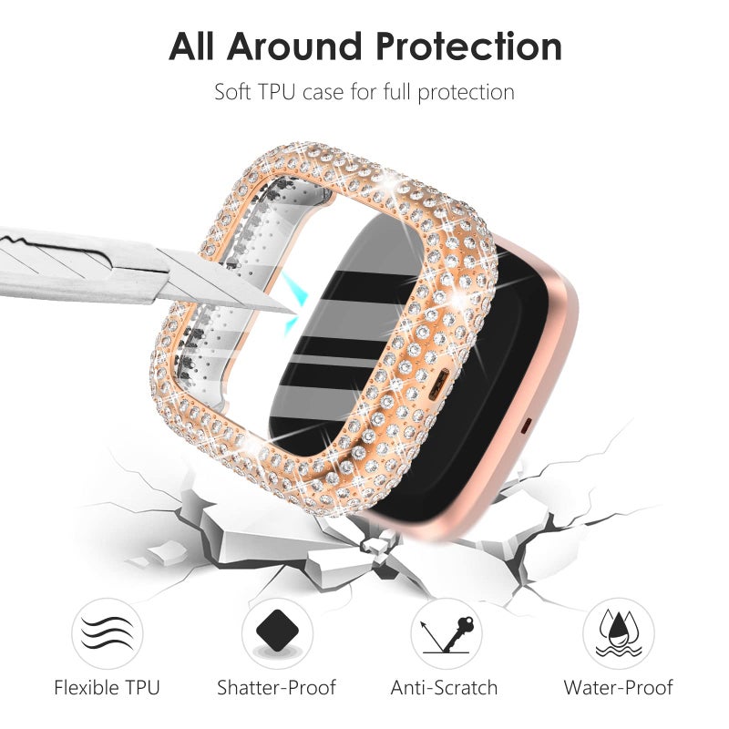 CHANCHY 4 Pack Bling Case Compatible with Fitbit Versa 2 Case Screen Protector, Over 200 Crystal Soft TPU Full Protective Case Cover Bumper for Fitbit Versa 2 Smart Watch, Rose Gold/Pink/Clear/Silver - Image 3