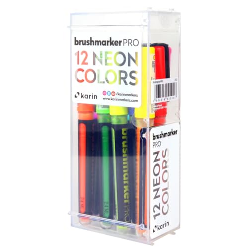 Karin Brushmarker Pro 12pc Neon brush tip markers Set, Blendable, Water-Based, Professional Grade Brush Markers for Adults and Artists, 12 Neon Colors, Adult Markers for Coloring Books and more - Image 1