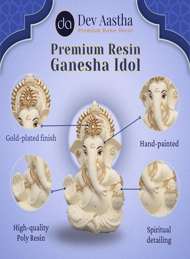 Dev Aastha Lord Ganesha Idol for Car Dashboard, Home Decor & Pooja | Resin Gold Plated Ganpati Murti | 3.5 Inch Ganesh Statue for Gift, Diwali, Housewarming, Baby Shower, Mandir Decor, Off White, P -1 - Image 2