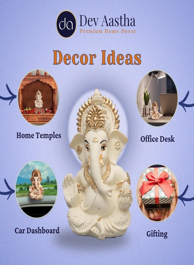 Dev Aastha Lord Ganesha Idol for Car Dashboard, Home Decor & Pooja | Resin Gold Plated Ganpati Murti | 3.5 Inch Ganesh Statue for Gift, Diwali, Housewarming, Baby Shower, Mandir Decor, Off White, P -1 - Image 3
