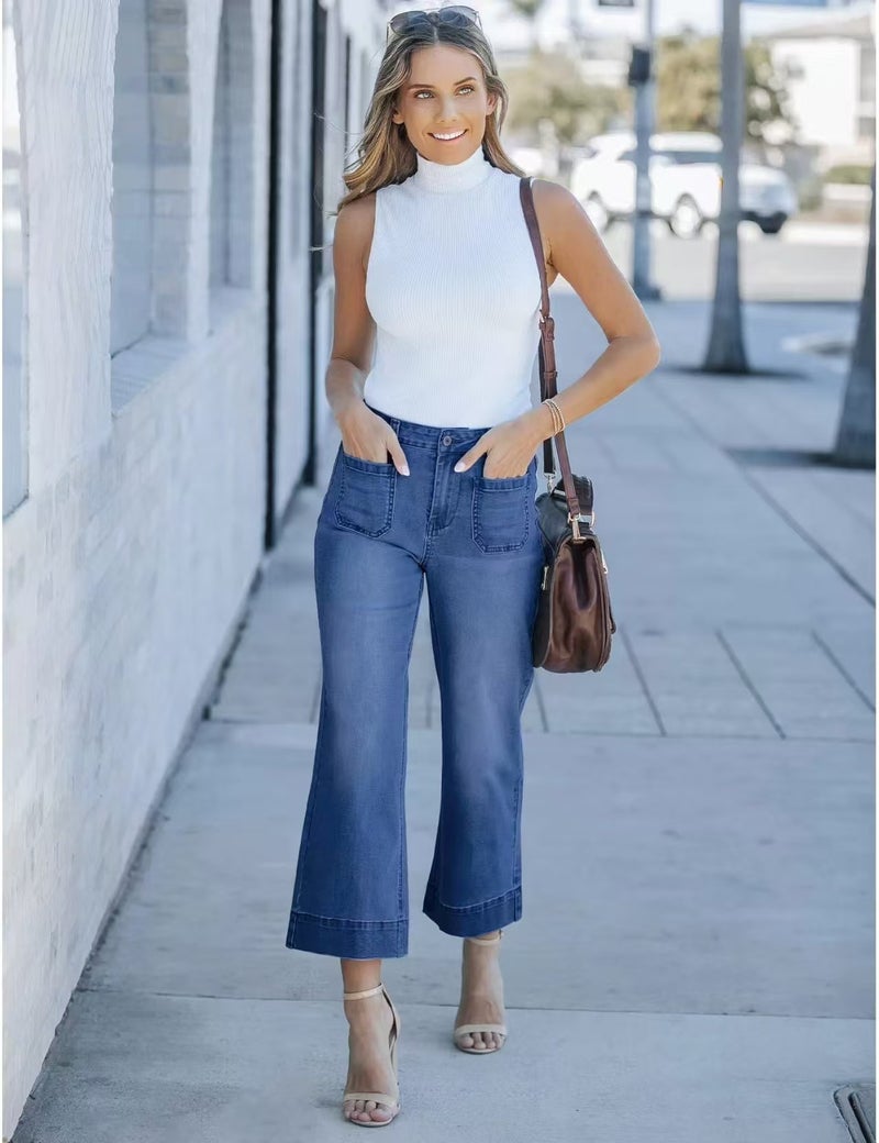 Women's Wide Leg Jeans, Trendy High Waisted Flare Jeans with Patch Pockets for Ladies, Spring Autumn Cropped Ankle Length Stretchy Denim Pants for Work, Night Out, Going Out, Vacation, and More, Light Blue - Image 3