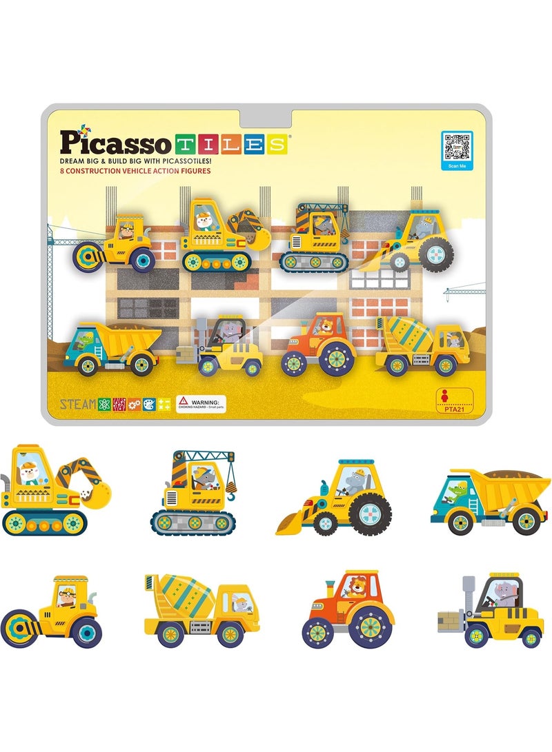 PicassoTiles بيكاسو تايلز مجموعة مركبات البناء المغناطيسية 8-شاحنة | متوافقة مع البلاط المغناطيسي | كتل بناء | ألعاب STEM | مجموعة ألعاب تعليمية | كتل تكديس | مجموعة بناء للتطوير العقلي للأطفال - Image 1