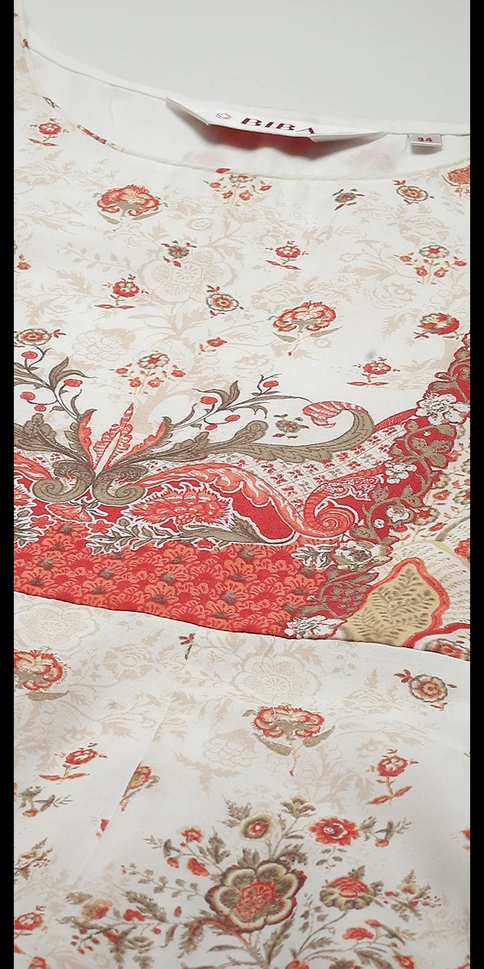 Biba Cream Cotton Anarkali Kurta Churidar Suit Set