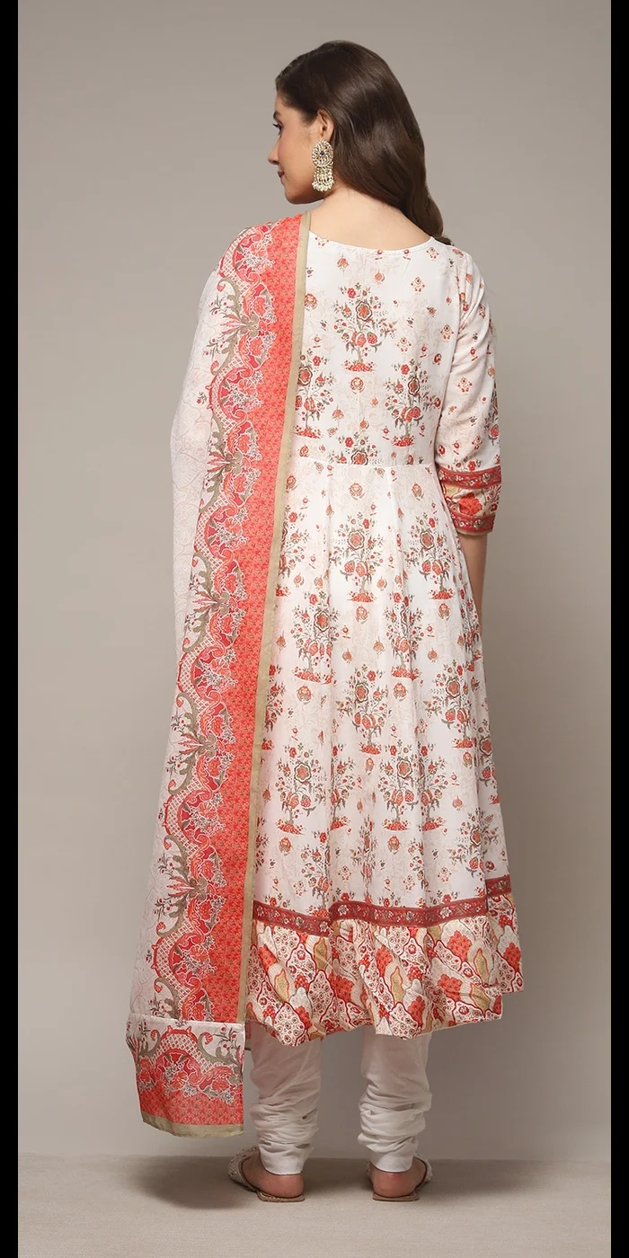 Biba Cream Cotton Anarkali Kurta Churidar Suit Set