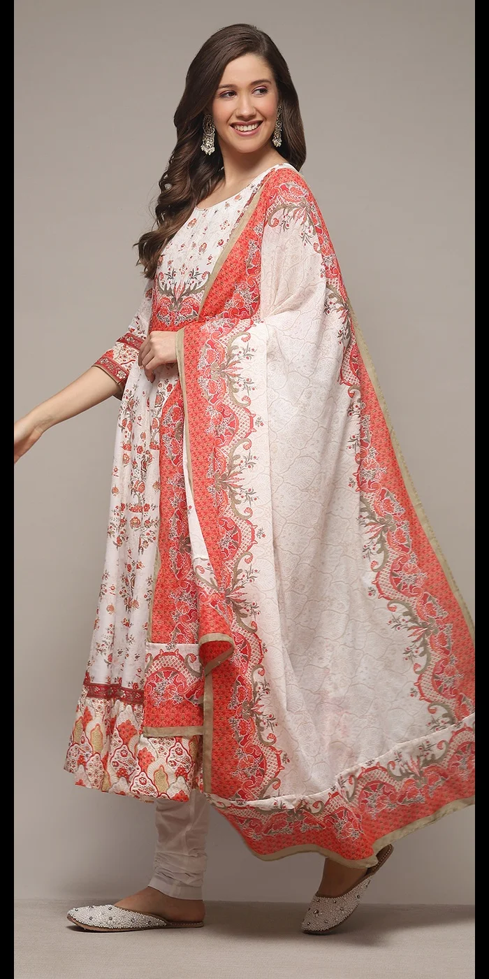 Biba Cream Cotton Anarkali Kurta Churidar Suit Set