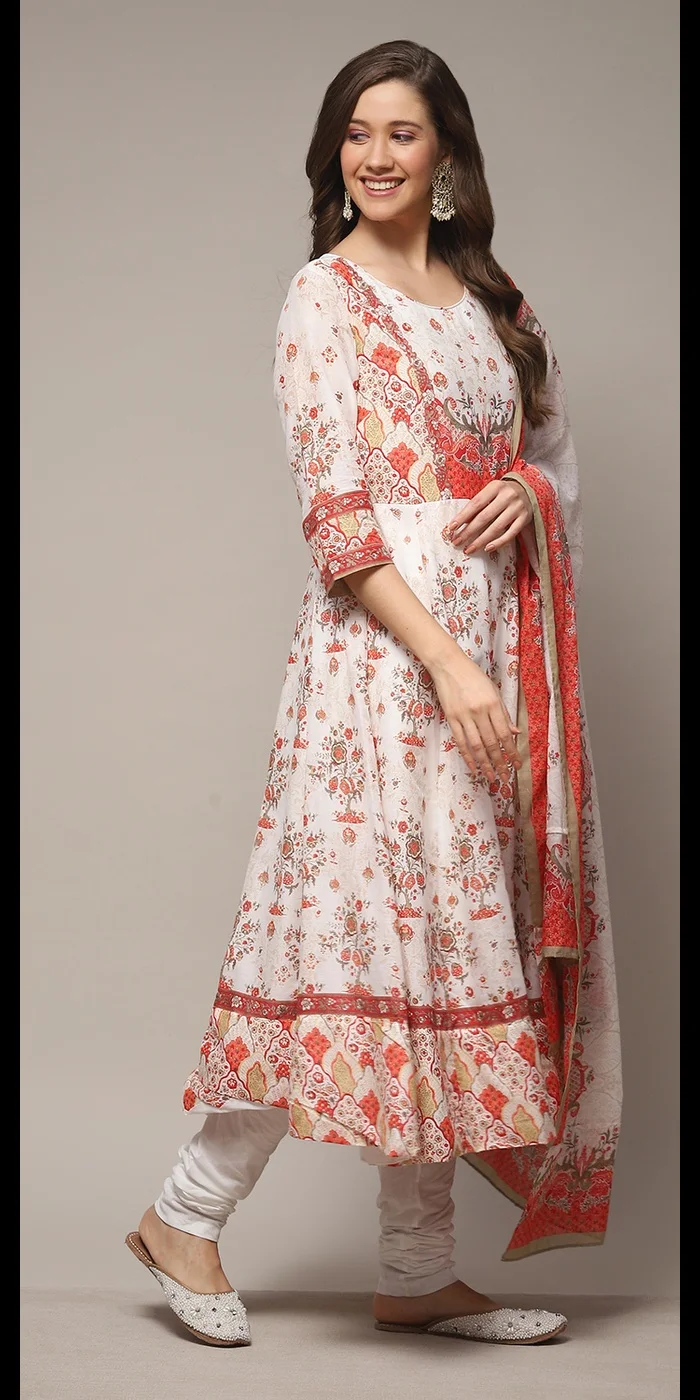 Biba Cream Cotton Anarkali Kurta Churidar Suit Set