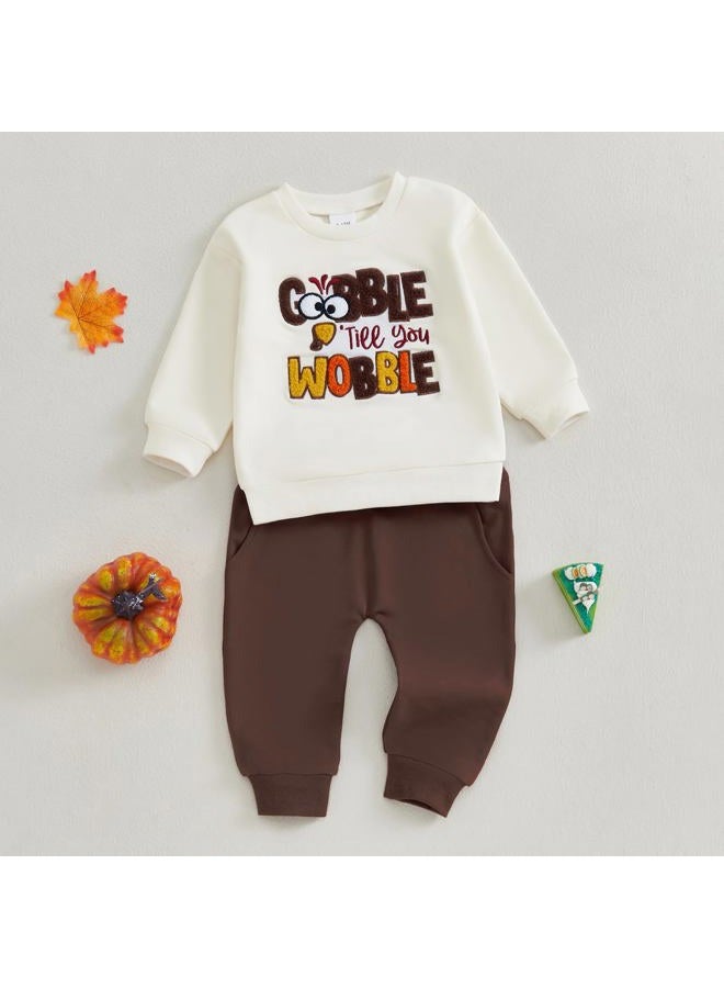 JLKGICF Toddler Boys Thanksgiving Outfits Letter Embroidered Long Sleeve Sweatshirts and Pants Set Fall Winter Clothes (Coffee, 2-3T) - Image 3