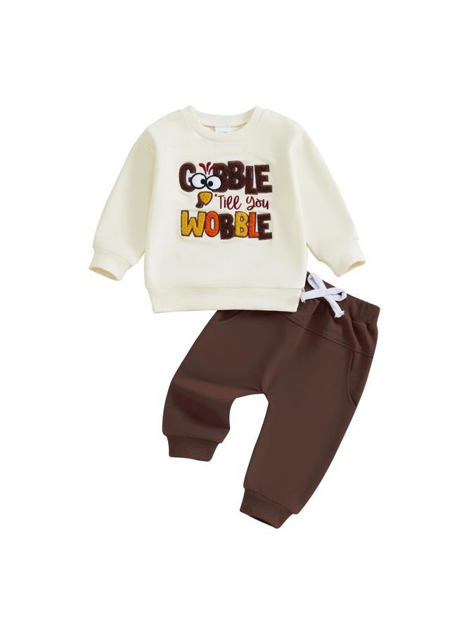 JLKGICF Toddler Boys Thanksgiving Outfits Letter Embroidered Long Sleeve Sweatshirts and Pants Set Fall Winter Clothes (Coffee, 2-3T) - Image 1