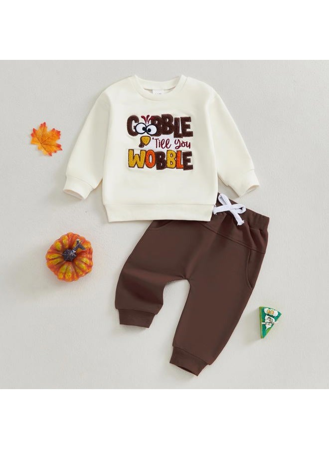 JLKGICF Toddler Boys Thanksgiving Outfits Letter Embroidered Long Sleeve Sweatshirts and Pants Set Fall Winter Clothes (Coffee, 2-3T) - Image 2